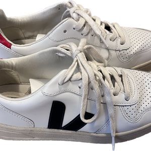 VEJA V-10 leather sneakers- white, navy, and red leather